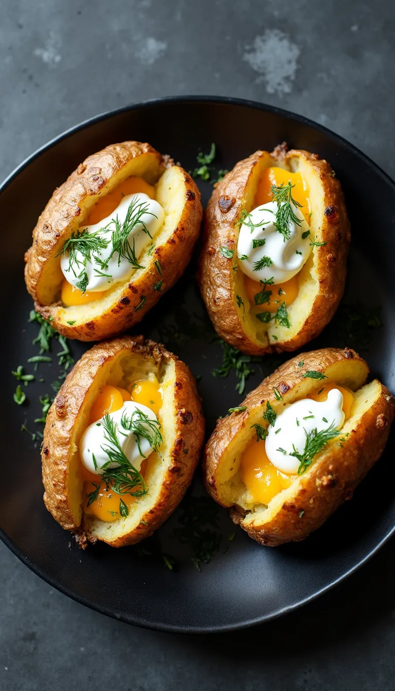 Perfectly crispy baked potato in air fryer with melted cheese and sour cream on top