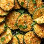 Crispy breaded zucchini coins garnished with fresh parsley in a cast iron skillet