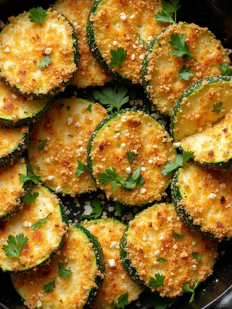 Crispy breaded zucchini coins garnished with fresh parsley in a cast iron skillet