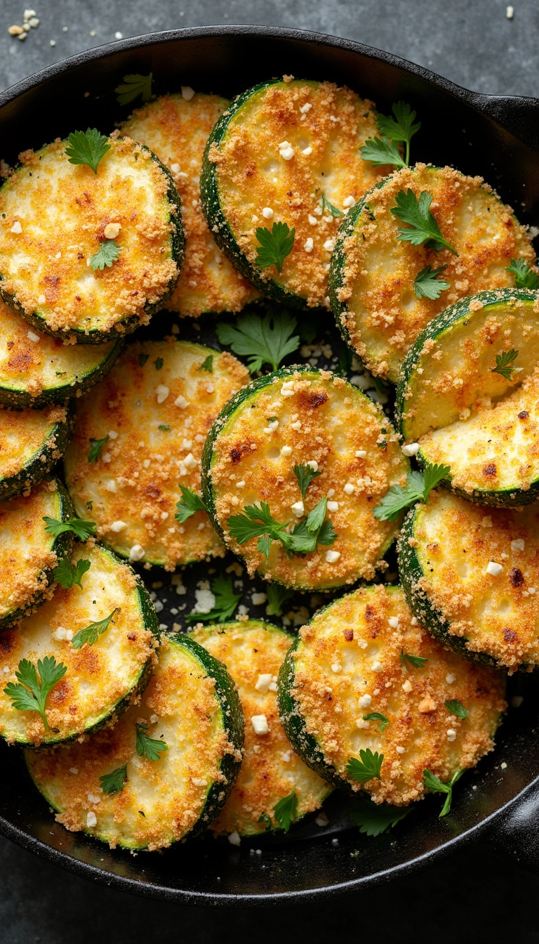 Crispy breaded zucchini coins garnished with fresh parsley in a cast iron skillet