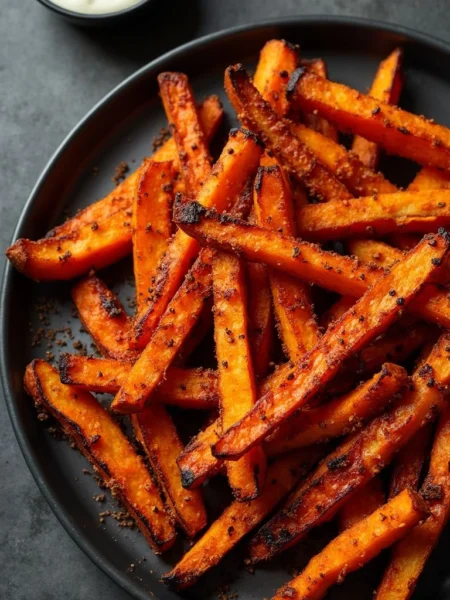 Crispy sweet potato fries made in air fryer, golden brown and perfectly seasoned