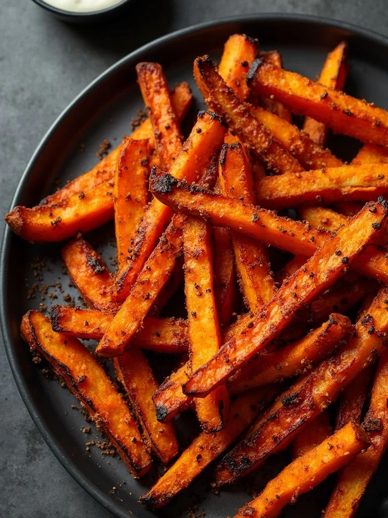 Crispy sweet potato fries made in air fryer, golden brown and perfectly seasoned