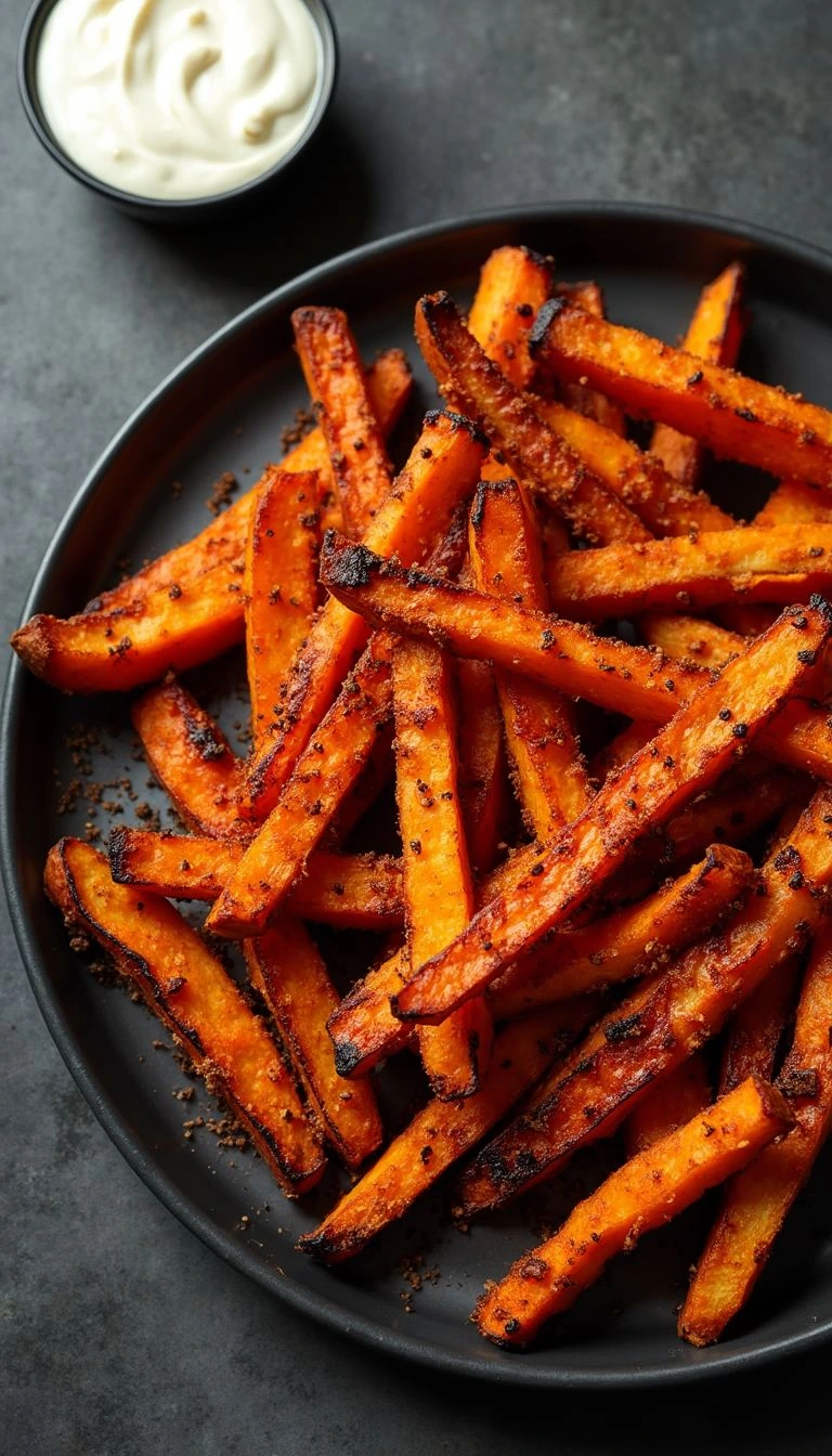 Crispy sweet potato fries made in air fryer, golden brown and perfectly seasoned