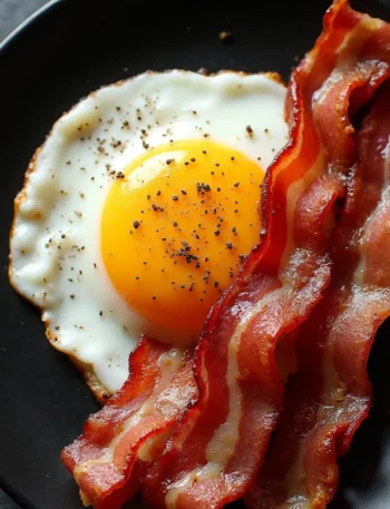 Crispy air fryer bacon served with a sunny side up egg on black plate - perfectly cooked bacon strips made in air fryer