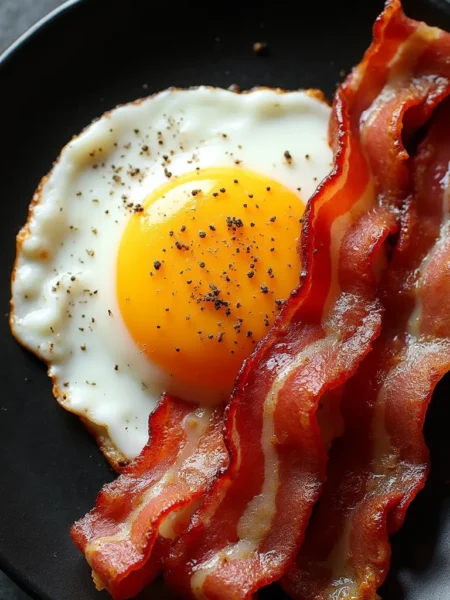 Crispy air fryer bacon served with a sunny side up egg on black plate - perfectly cooked bacon strips made in air fryer