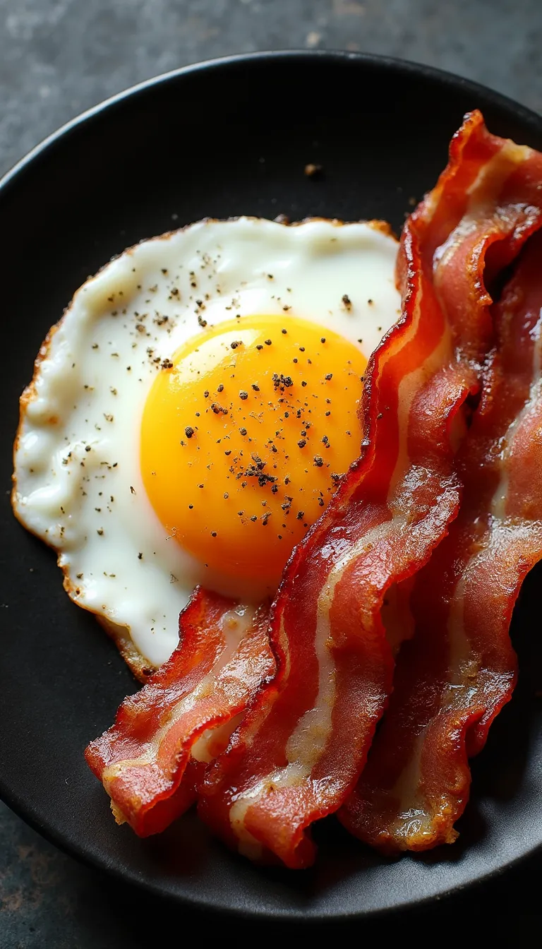 Crispy air fryer bacon served with a sunny side up egg on black plate - perfectly cooked bacon strips made in air fryer