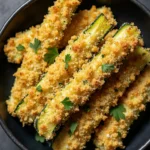 Crispy air fryer zucchini fries arranged in a black bowl, garnished with fresh parsley