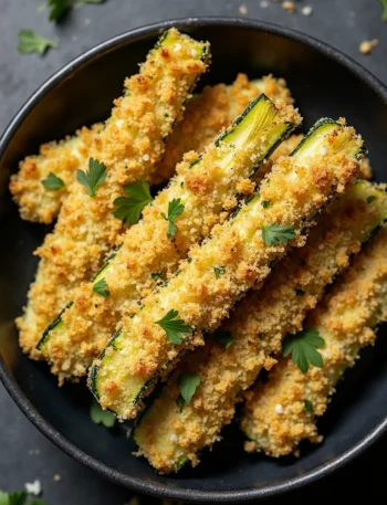 Crispy air fryer zucchini fries arranged in a black bowl, garnished with fresh parsley