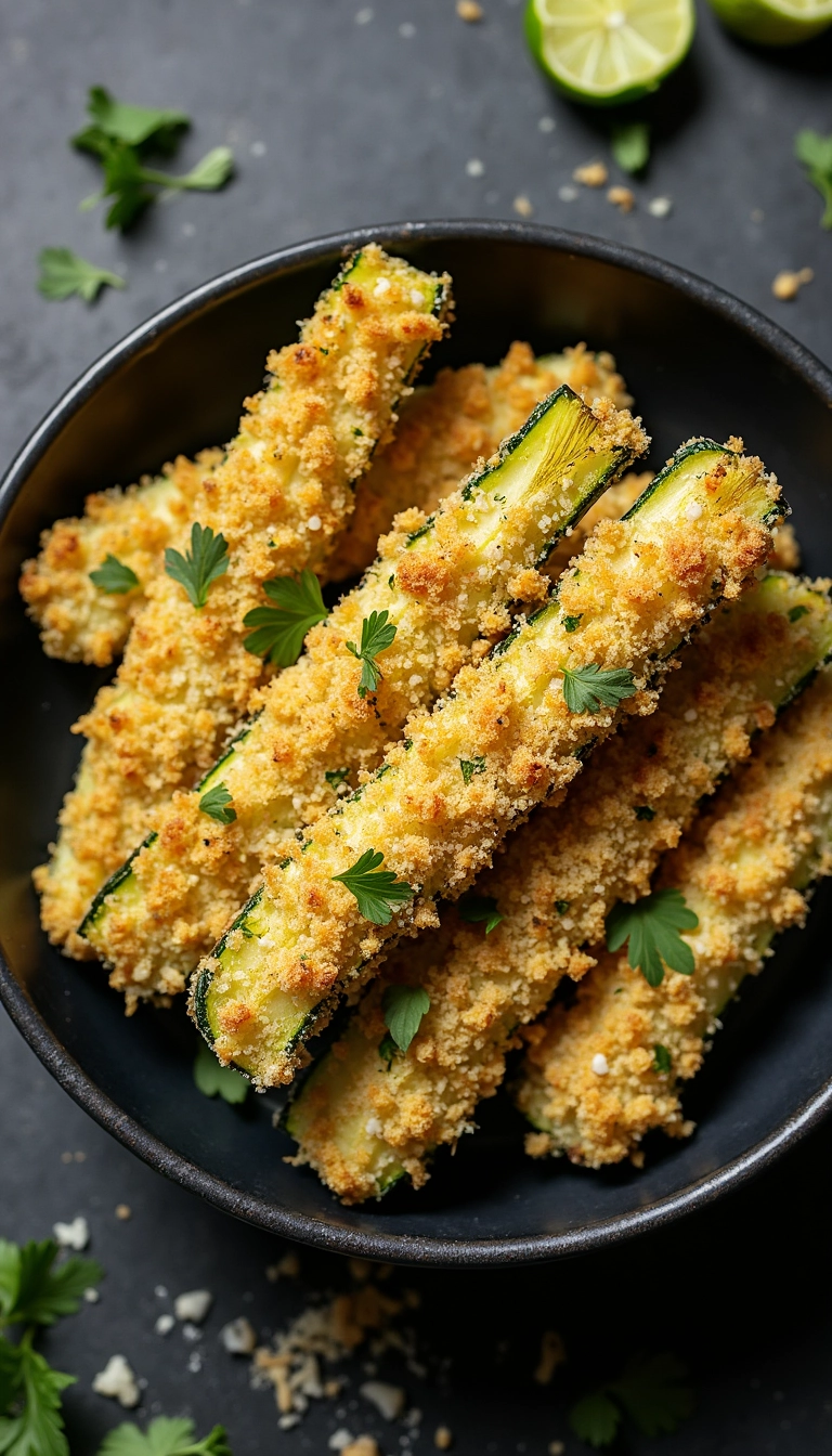 Crispy air fryer zucchini fries arranged in a black bowl, garnished with fresh parsley